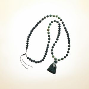 Boho Deluxe Kette mit Perlen aus 925 Sterlingsilber, Onyx (frosted), afrikanischem Türkis, Holz (schwarz) und Quaste.