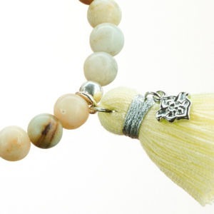 Mala Armband auf Elastikband mit Perlen aus 925 Sterlingsilber, Amazonit und Quaste