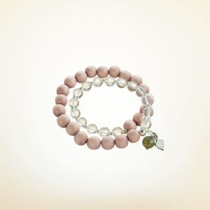 Double Mala Armband auf Elastikband mit Perlen aus 925 Sterlingsilber, Bergkristall, Jaspis und Holz (nude)