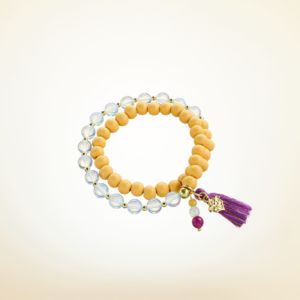 Double Mala Armband auf Elastikband mit Perlen aus vergoldetem 925 Sterlingsilber, Opal, Holz (honiggelb), Jade und Quaste