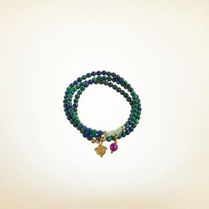 Mala Armband dreifach auf Elastikband mit Perlen aus vergoldetem 925 Sterlingssilber, Chrysokoll und Jade