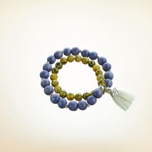 Mala Armband zweifach auf Elastikband mit Perlen aus 925 Sterlingsilber, Labradorit, Holz (lila) und Quaste