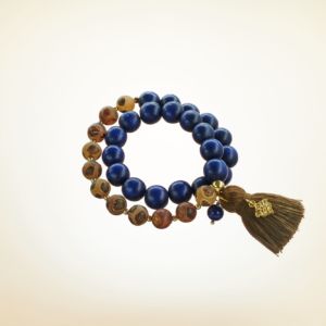 Mala Armband zweifach auf Elastikband mit Perlen aus vergoldetem 925 Sterlingsilber, Tibet Achat, Holz (dunkelblau) und Quaste