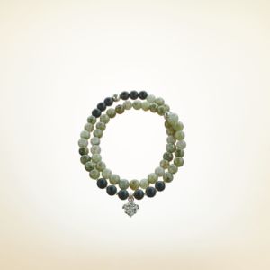 Mala Armband zweifach auf Elastikband mit Perlen aus 925 Sterlingsilber, Labradorit und Onyx (frosted)